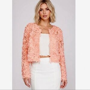 She + Sky Long Sleeve 3D Mesh Short Jacket Cardigan Flower appliqué in Pink m